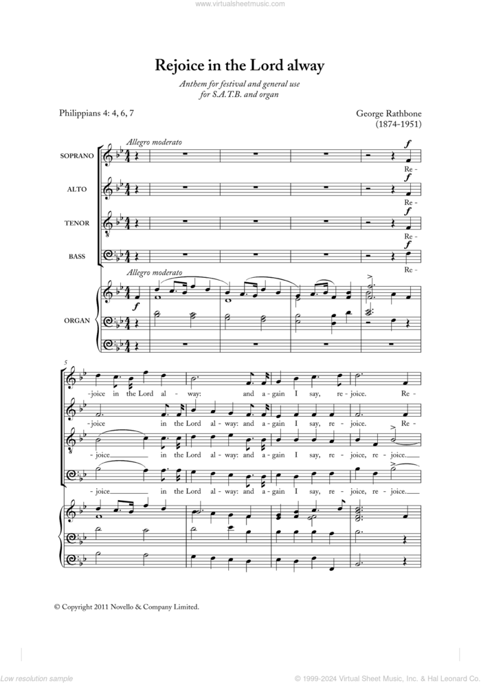 Rejoice In The Lord Alway sheet music for choir (SATB: soprano, alto, tenor, bass) by George Rathbone, classical score, intermediate skill level