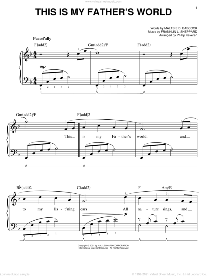 This Is My Father's World (arr. Phillip Keveren) sheet music for piano solo by Maltbie D. Babcock, Phillip Keveren and Franklin L. Sheppard, easy skill level