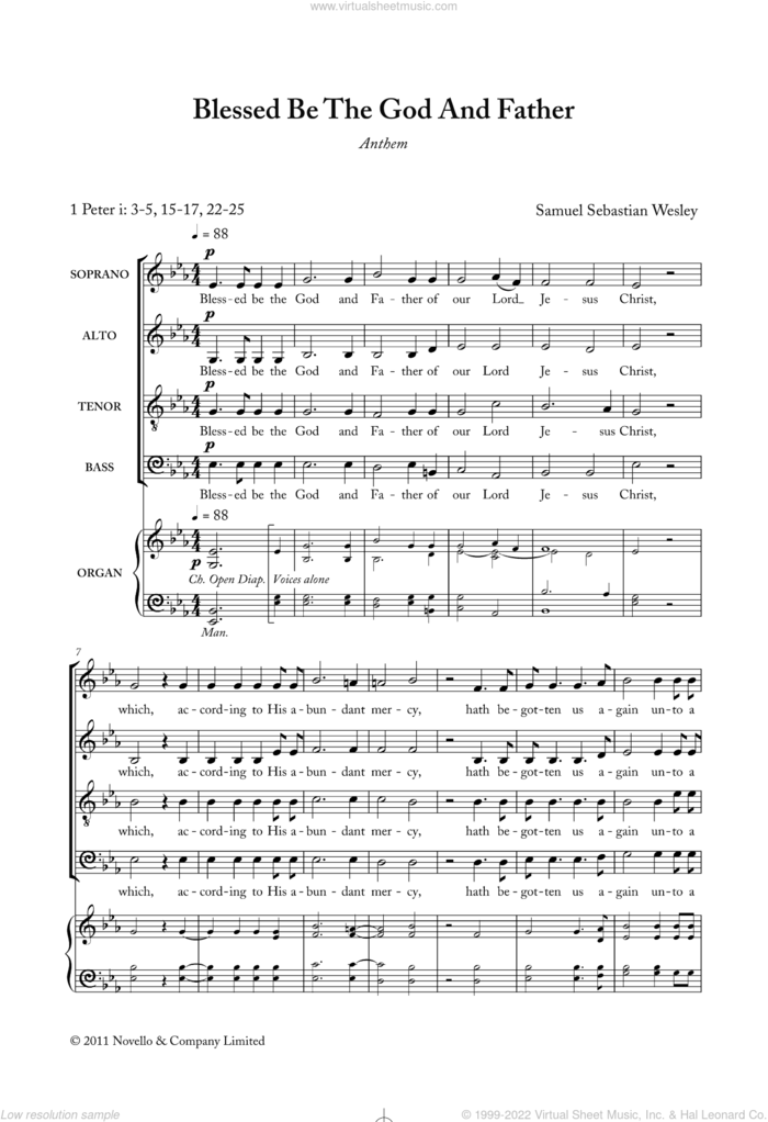 Blessed Be The God And Father sheet music for choir (SATB: soprano, alto, tenor, bass) by Samuel Sebastian Wesley and 15-17, 22-25 1 Peter i: 3-5, classical score, intermediate skill level