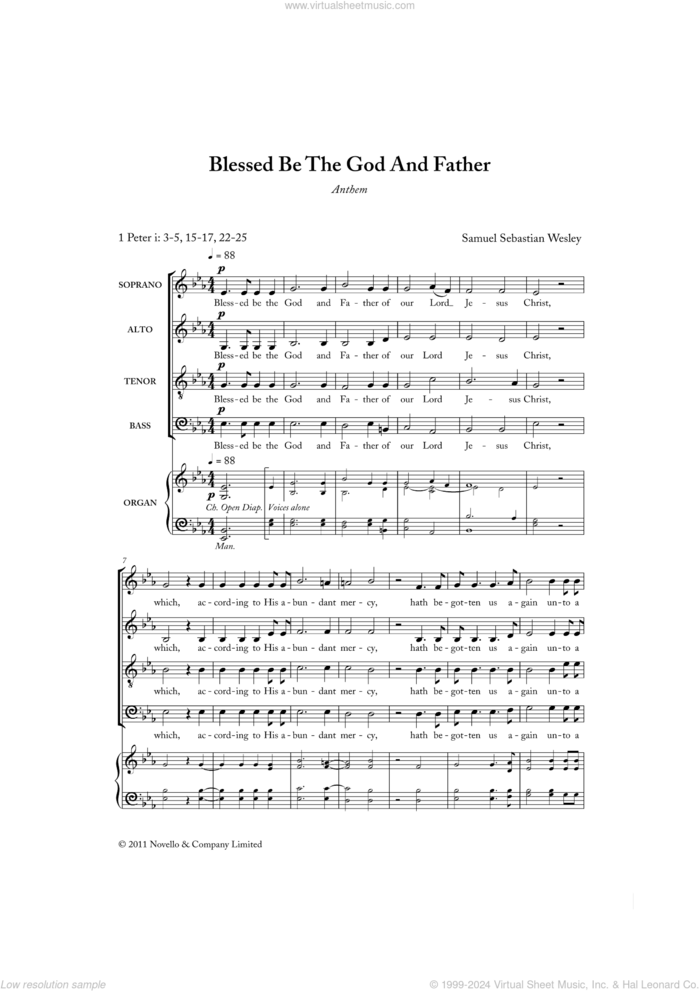 Blessed Be The God And Father sheet music for choir (SATB: soprano, alto, tenor, bass) by Samuel Sebastian Wesley and 15-17, 22-25 1 Peter i: 3-5, classical score, intermediate skill level