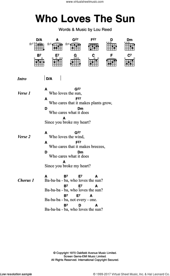 Who Loves The Sun sheet music for guitar (chords) by The Velvet Underground and Lou Reed, intermediate skill level