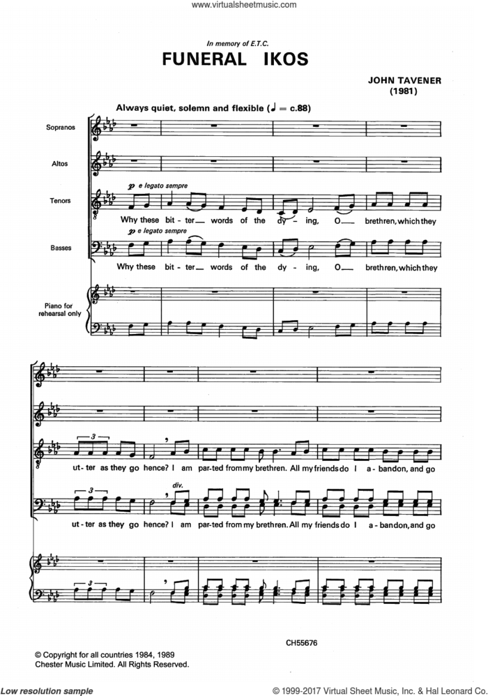 Funeral Ikos sheet music for choir (SATB: soprano, alto, tenor, bass) by John Tavener, classical score, intermediate skill level