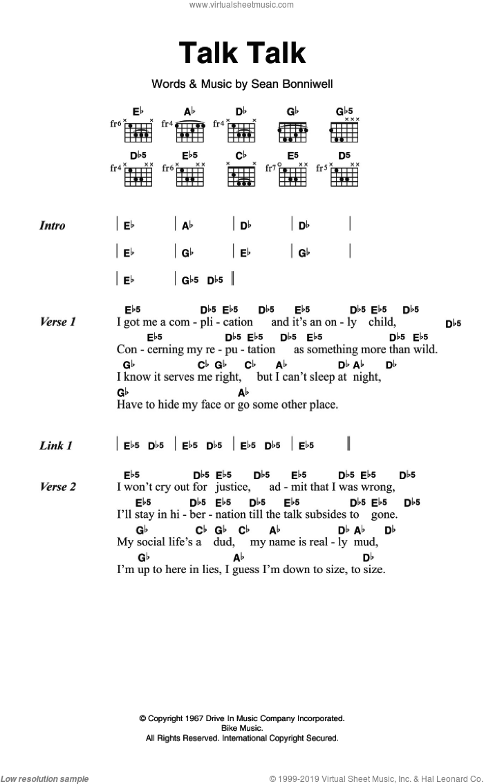 Talk Talk sheet music for guitar (chords) by The Music Machine and Sean Bonniwell, intermediate skill level