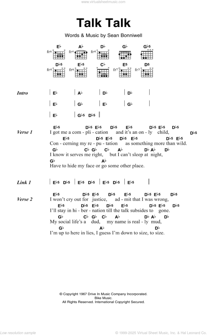 Talk Talk sheet music for guitar (chords) by The Music Machine and Sean Bonniwell, intermediate skill level