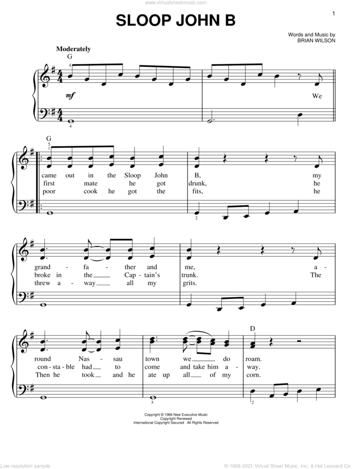 Sloop John B sheet music for piano solo by The Beach Boys and Brian Wilson, easy skill level