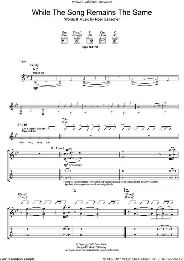 While The Song Remains The Same sheet music for guitar (tablature) by Noel Gallagher's High Flying Birds and Noel Gallagher, intermediate skill level