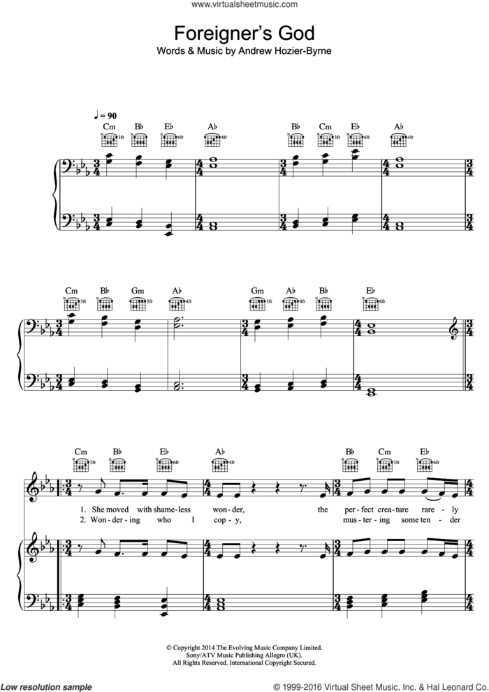 Foreigner's God sheet music for voice, piano or guitar by Hozier and Andrew Hozier-Byrne, intermediate skill level