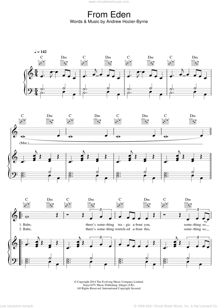 From Eden sheet music for voice, piano or guitar by Hozier and Andrew Hozier-Byrne, intermediate skill level