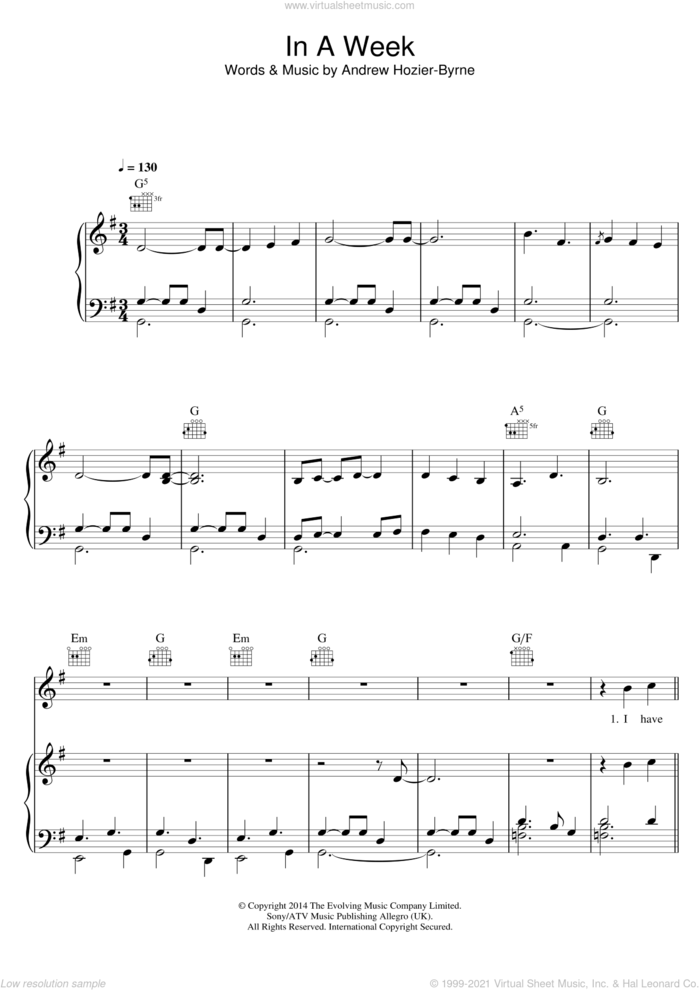 In A Week sheet music for voice, piano or guitar by Hozier and Andrew Hozier-Byrne, intermediate skill level