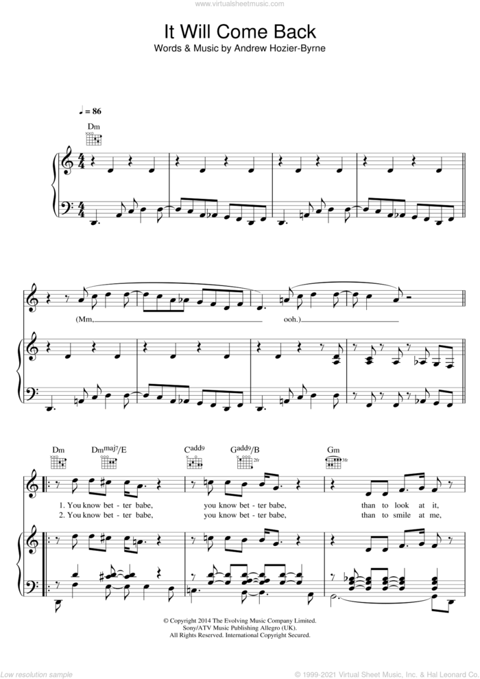 It Will Come Back sheet music for voice, piano or guitar by Hozier and Andrew Hozier-Byrne, intermediate skill level
