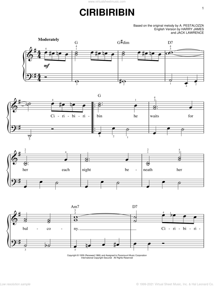Ciribiribin sheet music for piano solo by Harry James, Antonio Pestalozza and Jack Lawrence, easy skill level