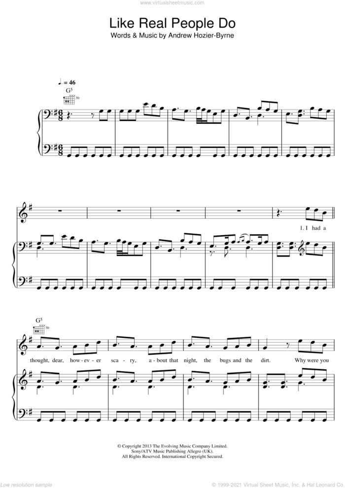 Like Real People Do sheet music for voice, piano or guitar by Hozier and Andrew Hozier-Byrne, intermediate skill level