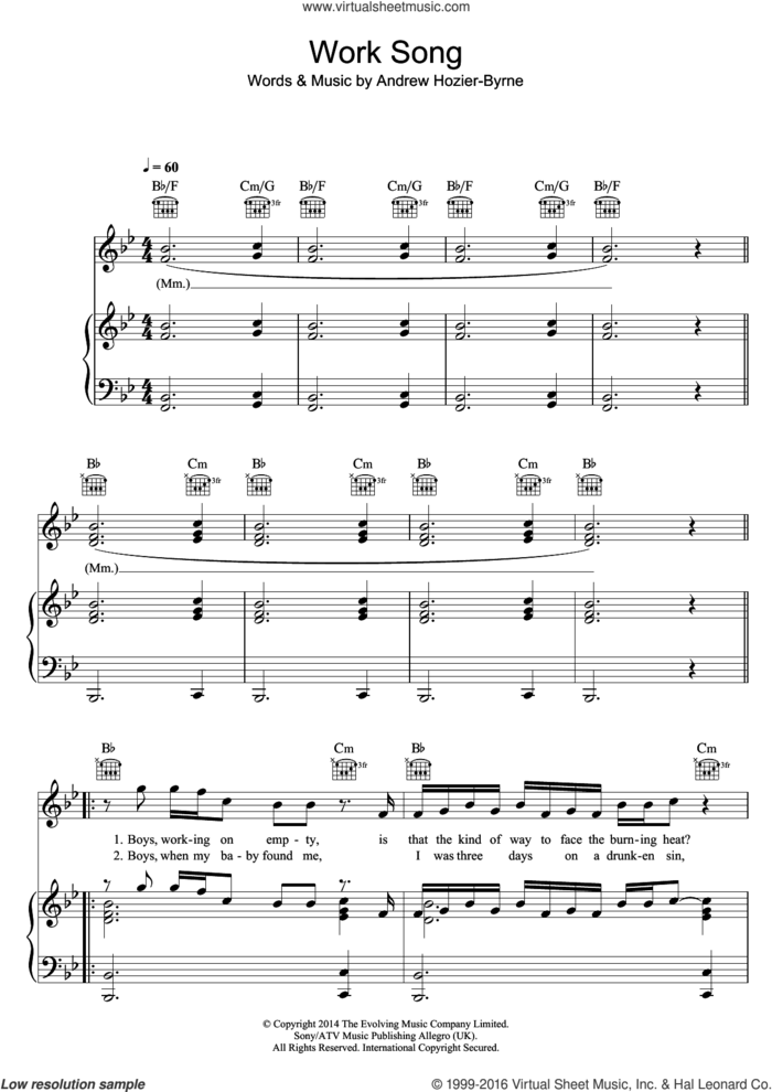 Work Song sheet music for voice, piano or guitar by Hozier and Andrew Hozier-Byrne, intermediate skill level