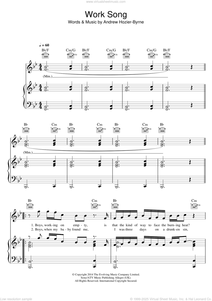 Work Song sheet music for voice, piano or guitar by Hozier and Andrew Hozier-Byrne, intermediate skill level