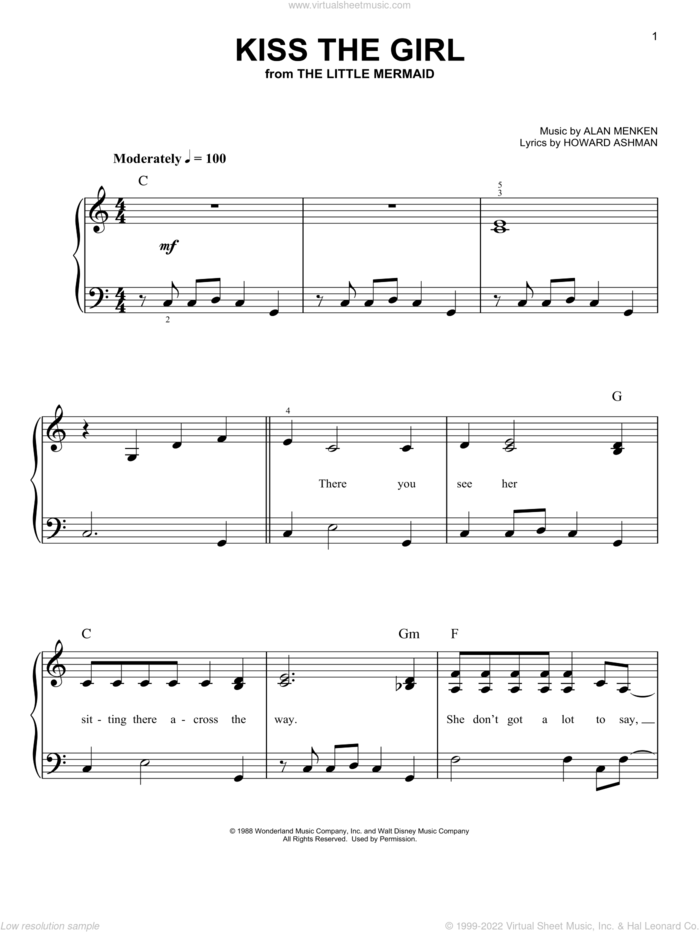Kiss The Girl (from The Little Mermaid), (easy) sheet music for piano solo by Alan Menken, The Little Mermaid (Movie), Alan Menken & Howard Ashman and Howard Ashman, easy skill level