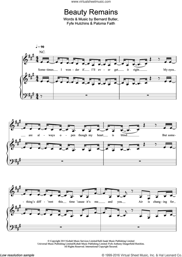 Beauty Remains sheet music for voice, piano or guitar by Paloma Faith, Bernard Butler and Fyfe Hutchins, intermediate skill level