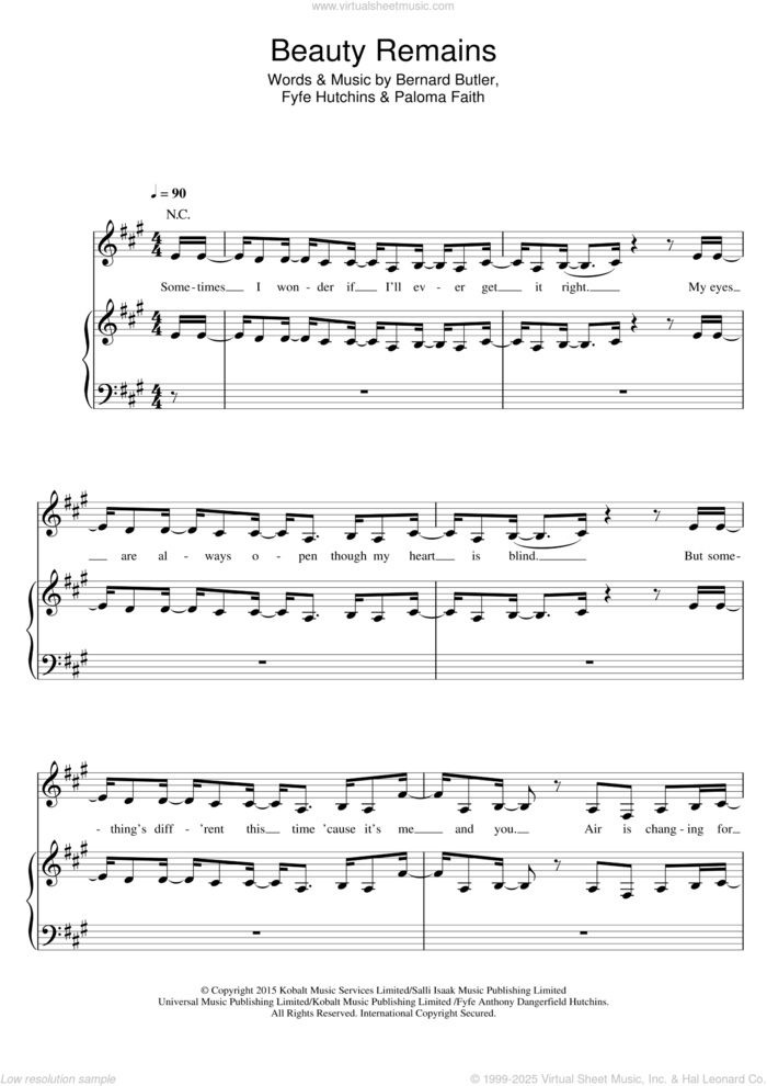 Beauty Remains sheet music for voice, piano or guitar by Paloma Faith, Bernard Butler and Fyfe Hutchins, intermediate skill level