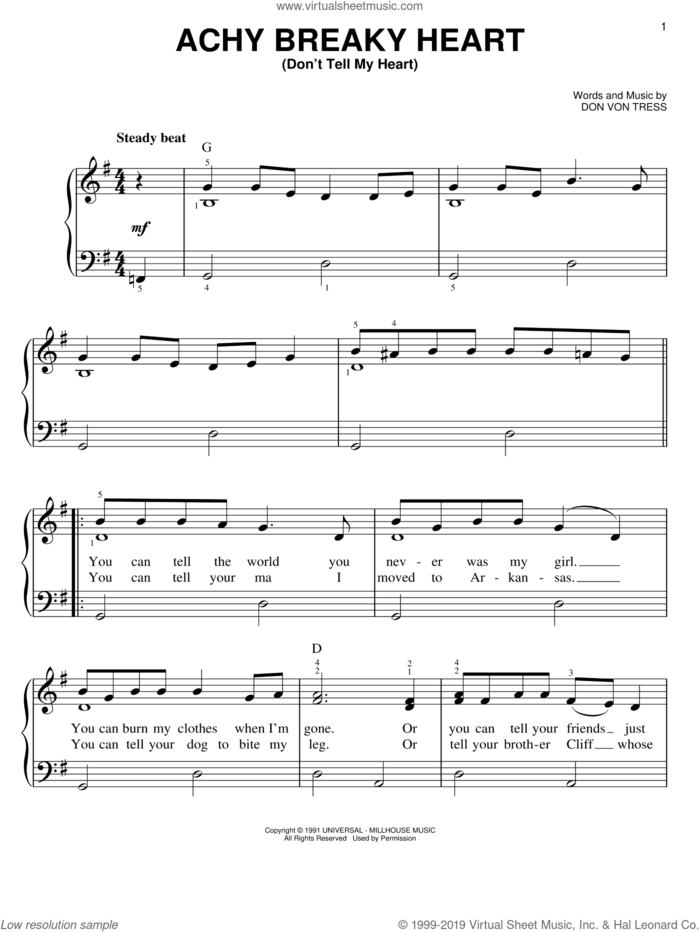 Achy Breaky Heart (Don't Tell My Heart) sheet music for piano solo by Billy Ray Cyrus and Don Von Tress, easy skill level