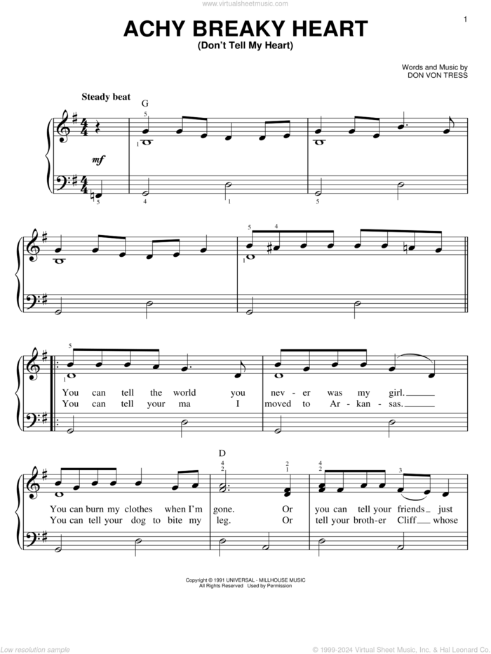 Achy Breaky Heart (Don't Tell My Heart) sheet music for piano solo by Billy Ray Cyrus and Don Von Tress, easy skill level