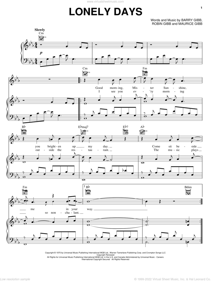 Lonely Days sheet music for voice, piano or guitar by Bee Gees, Barry Gibb, Maurice Gibb and Robin Gibb, intermediate skill level