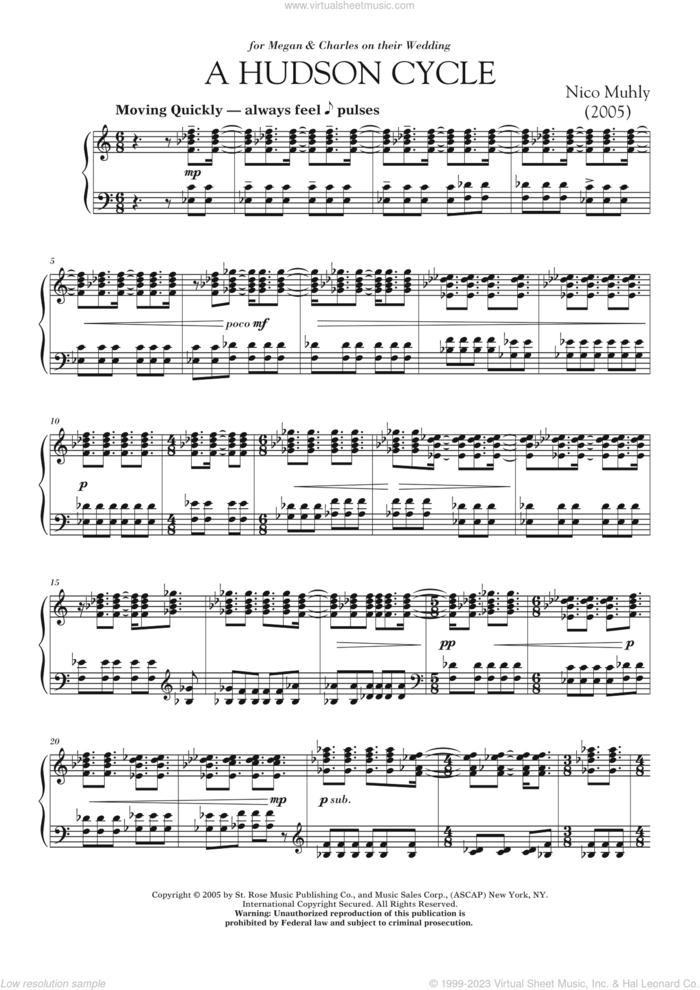 A Hudson Cycle sheet music for piano solo by Nico Muhly, classical score, intermediate skill level