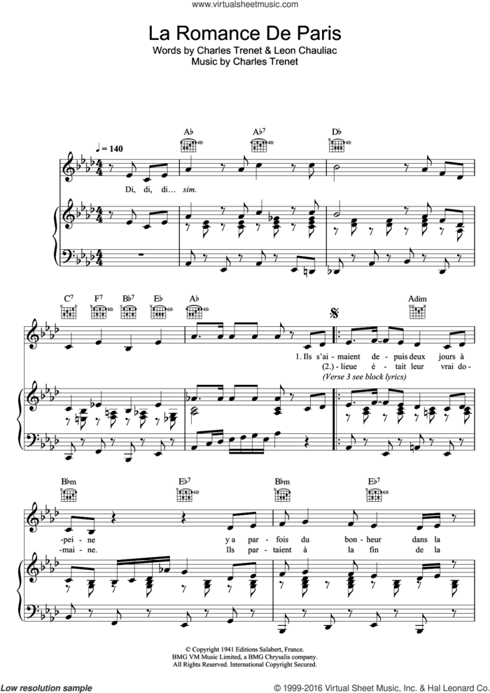 La Romance De Paris sheet music for voice, piano or guitar by Zaz, Charles Trenet and Leon Chauliac, intermediate skill level