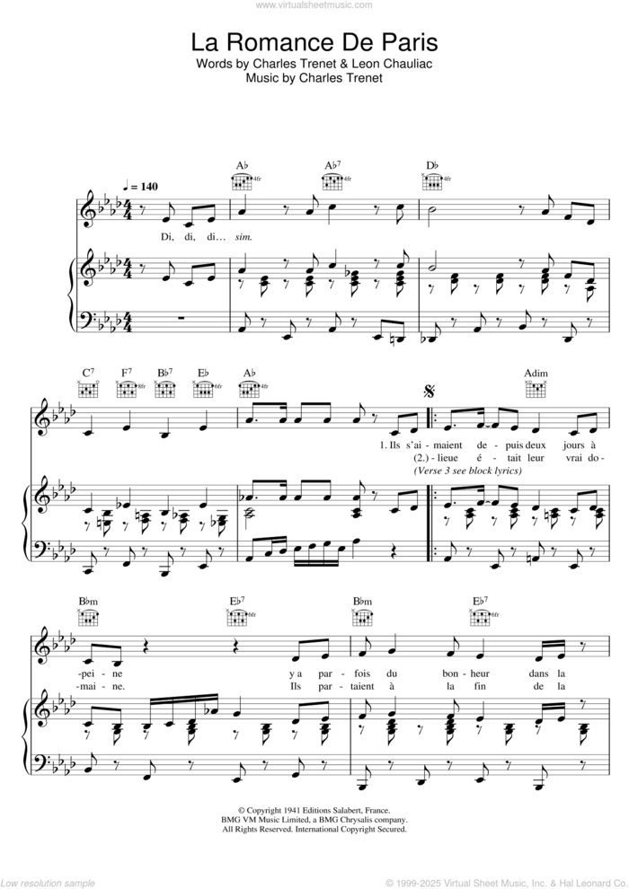 La Romance De Paris sheet music for voice, piano or guitar by Zaz, Charles Trenet and Leon Chauliac, intermediate skill level