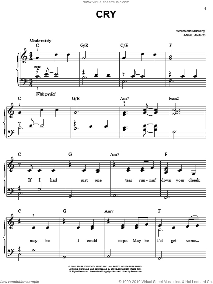 Cry sheet music for piano solo by Faith Hill and Angie Aparo, easy skill level