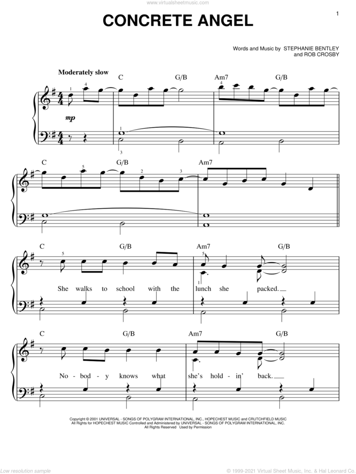 Concrete Angel sheet music for piano solo by Martina McBride, Rob Crosby and Stephanie Bentley, easy skill level