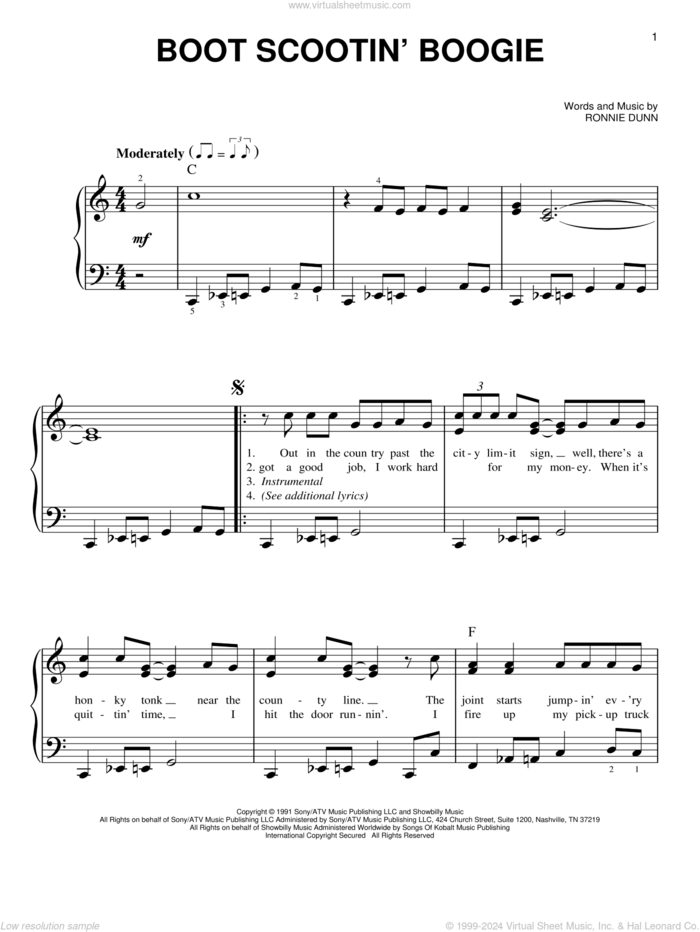 Boot Scootin' Boogie sheet music for piano solo by Brooks & Dunn and Ronnie Dunn, easy skill level