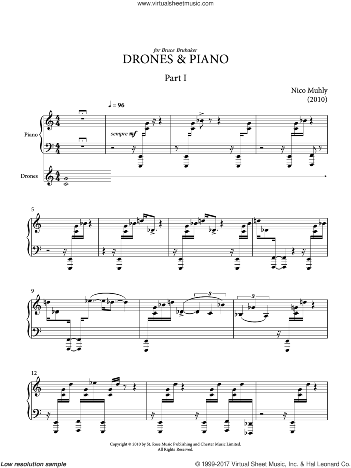 Drones And Piano sheet music for piano solo by Nico Muhly, classical score, intermediate skill level