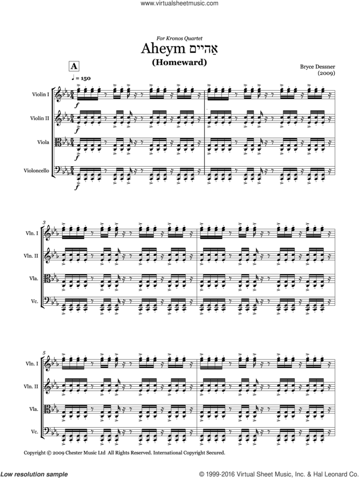 Aheym (String quartet score and parts) sheet music for string orchestra by Bryce Dessner, classical score, intermediate skill level