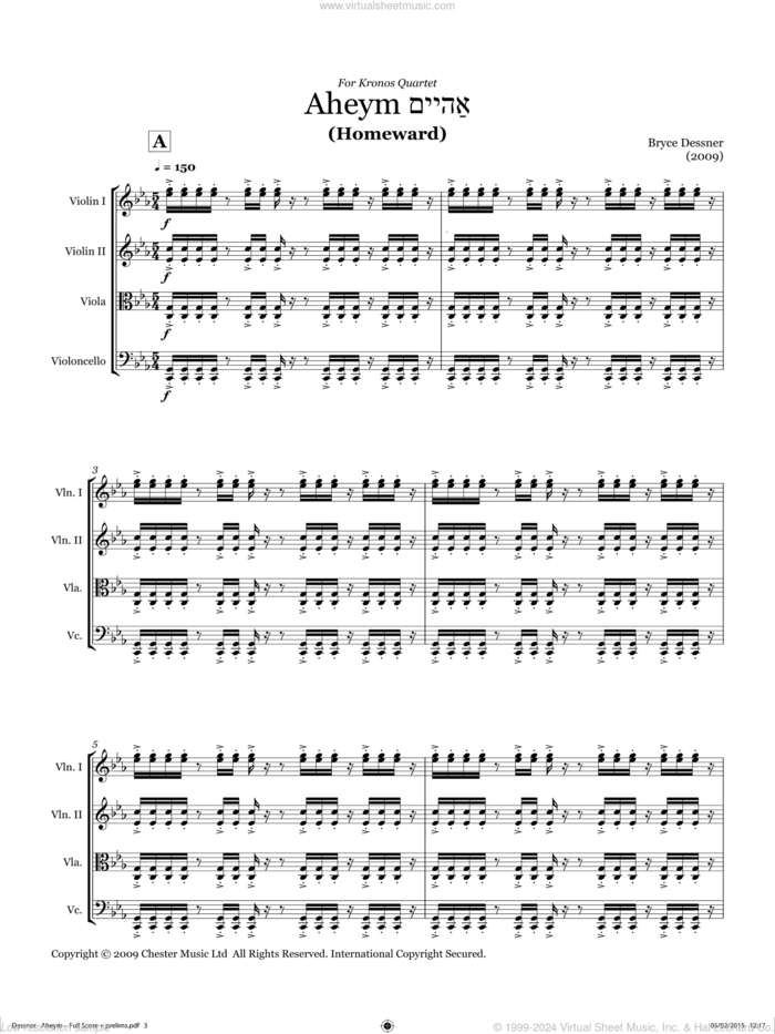 Aheym (String quartet score and parts) sheet music for string orchestra by Bryce Dessner, classical score, intermediate skill level