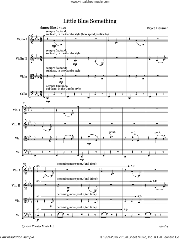 Little Blue Something (String quartet score and parts) sheet music for string orchestra by Bryce Dessner, classical score, intermediate skill level