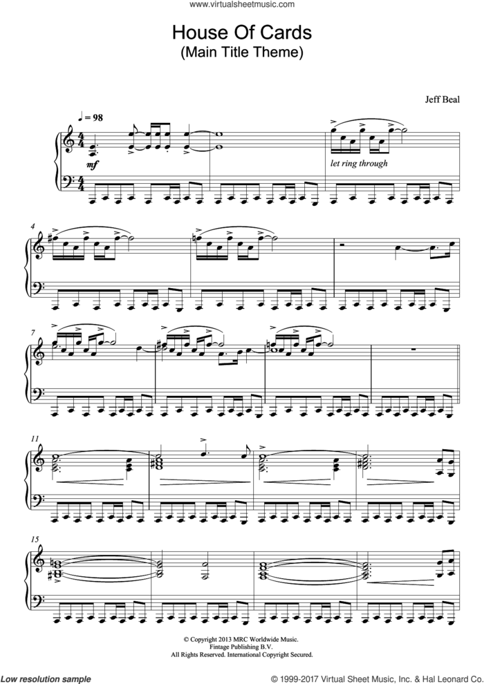 House Of Cards (Main Title Theme) sheet music for piano solo by Jeff Beal, intermediate skill level