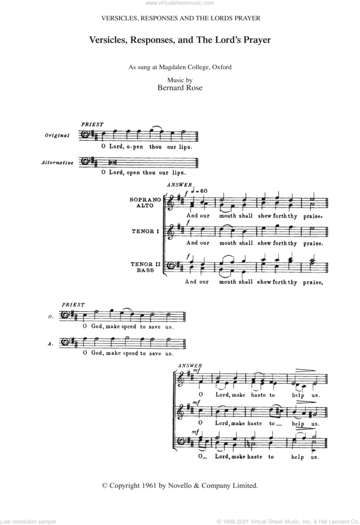 Versicles, Responses And The Lord's Prayer sheet music for voice, piano or guitar by Bernard Rose and Traditional Words, classical score, intermediate skill level