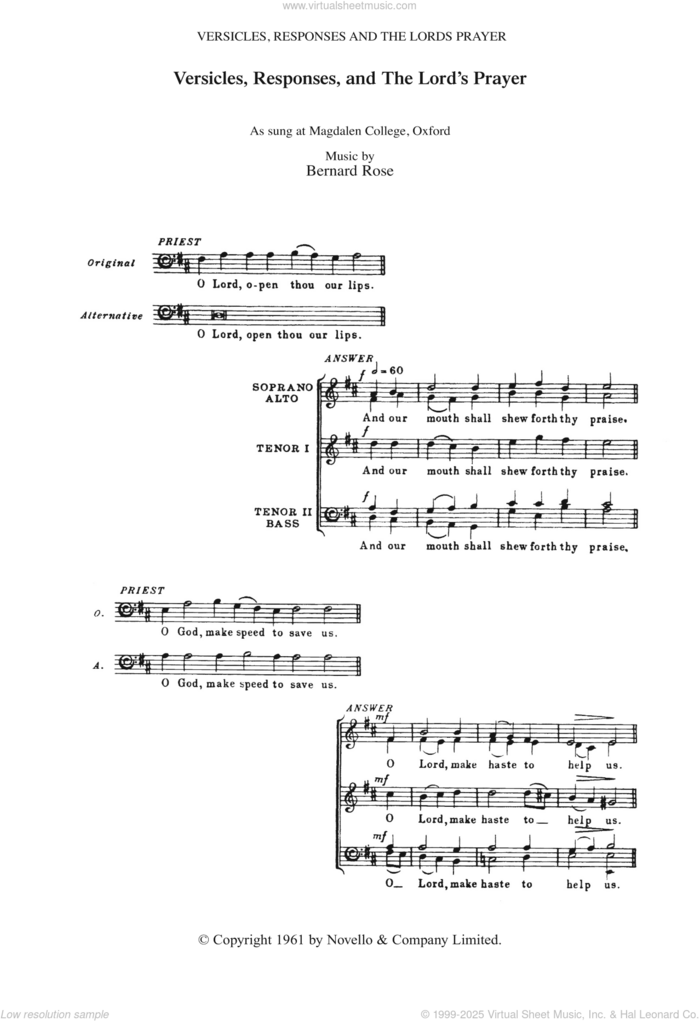 Versicles, Responses And The Lord's Prayer sheet music for voice, piano or guitar by Bernard Rose and Traditional Words, classical score, intermediate skill level