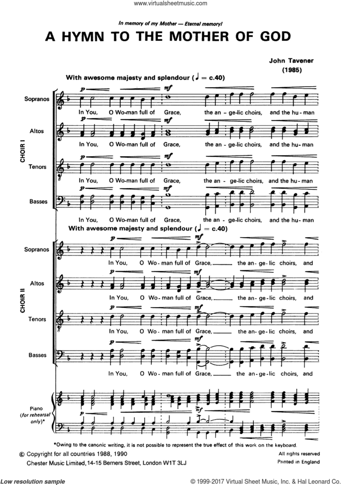 Two Hymns To The Mother Of God sheet music for voice, piano or guitar by John Tavener and Liturgical Text, classical score, intermediate skill level