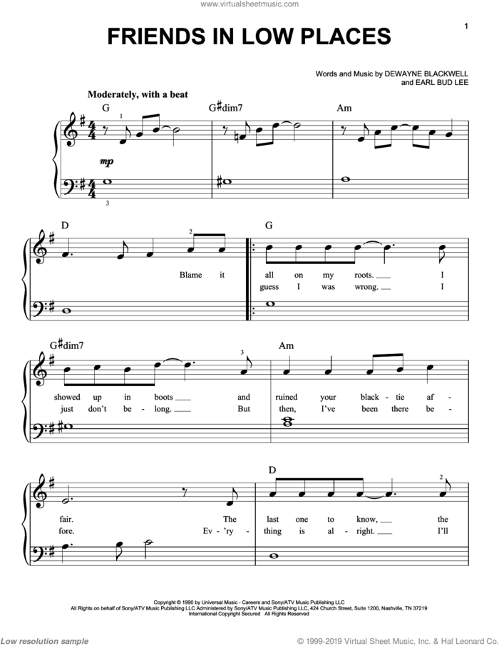 Friends In Low Places sheet music for piano solo by Garth Brooks, DeWayne Blackwell and Earl Bud Lee, beginner skill level