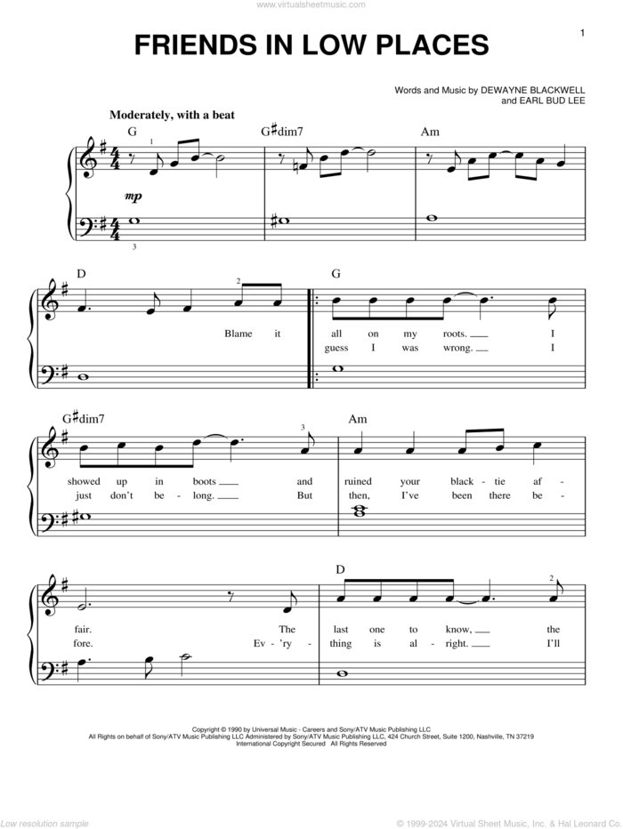 Friends In Low Places sheet music for piano solo by Garth Brooks, DeWayne Blackwell and Earl Bud Lee, beginner skill level