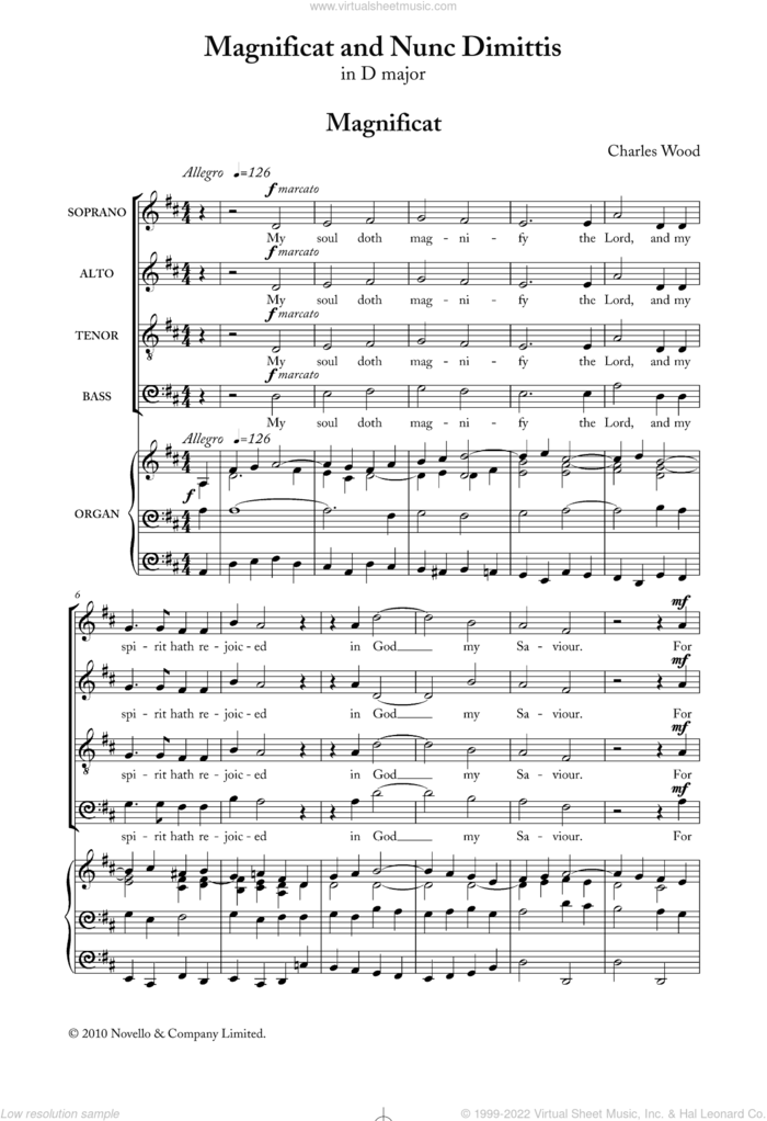 Magnificat And Nunc Dimittis In D sheet music for choir (SATB: soprano, alto, tenor, bass) by Charles Wood and Liturgical Text, classical score, intermediate skill level