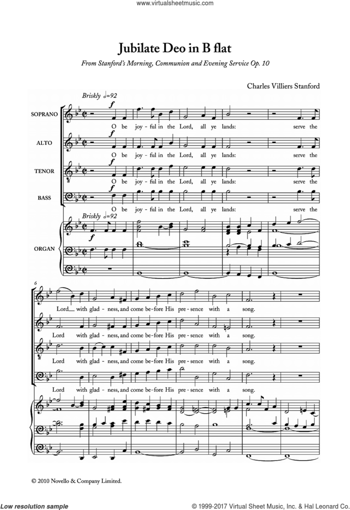 Jubilate Deo In B Flat, Op. 10 sheet music for choir (SATB: soprano, alto, tenor, bass) by Charles Villiers Stanford and Liturgical Text, classical score, intermediate skill level