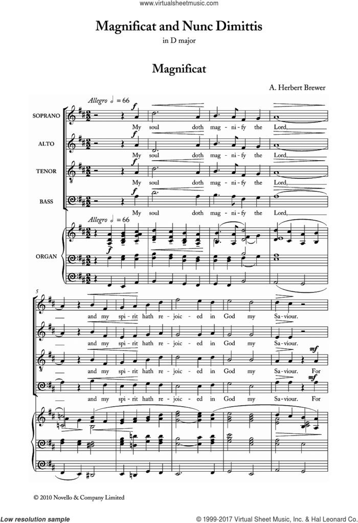 Magnificat And Nunc Dimittis In D sheet music for choir (SATB: soprano, alto, tenor, bass) by Herbert Brewer and Liturgical Text, classical score, intermediate skill level