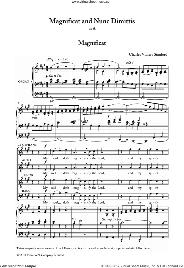 Magnificat And Nunc Dimittis In A sheet music for voice, piano or guitar by Charles Villiers Stanford and Liturgical Text, classical score, intermediate skill level