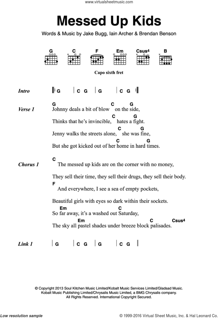 Messed Up Kids sheet music for guitar (chords) by Jake Bugg, Brendan Benson and Iain Archer, intermediate skill level