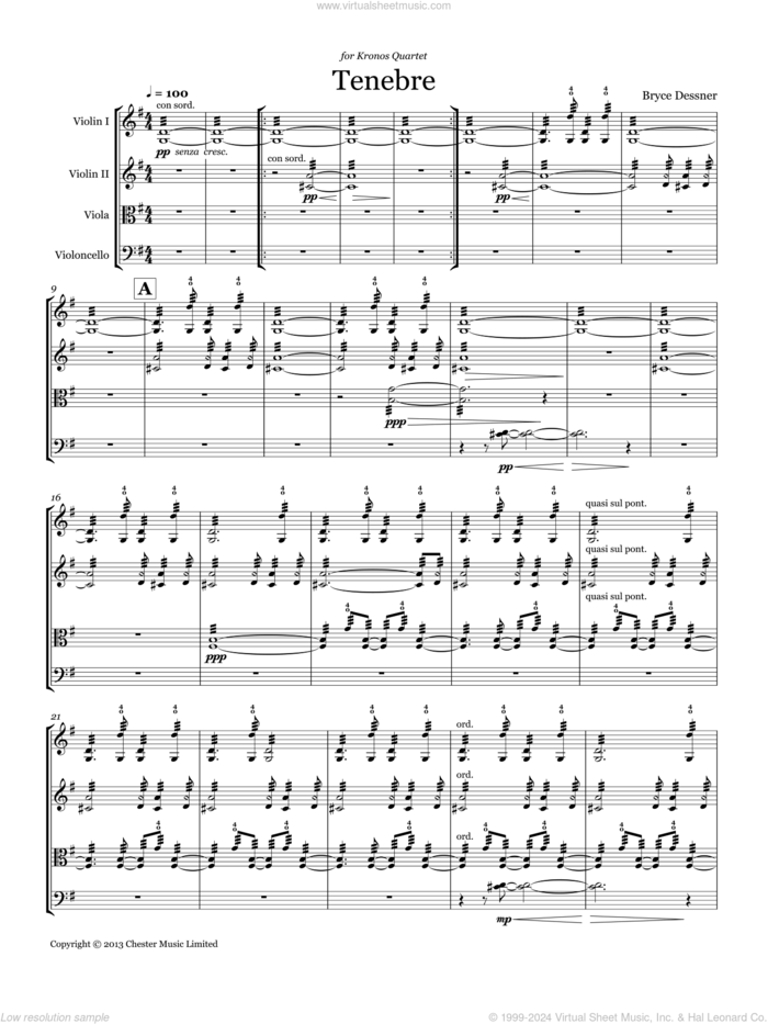 Tenebre (String quartet score and parts) sheet music for string orchestra by Bryce Dessner, classical score, intermediate skill level