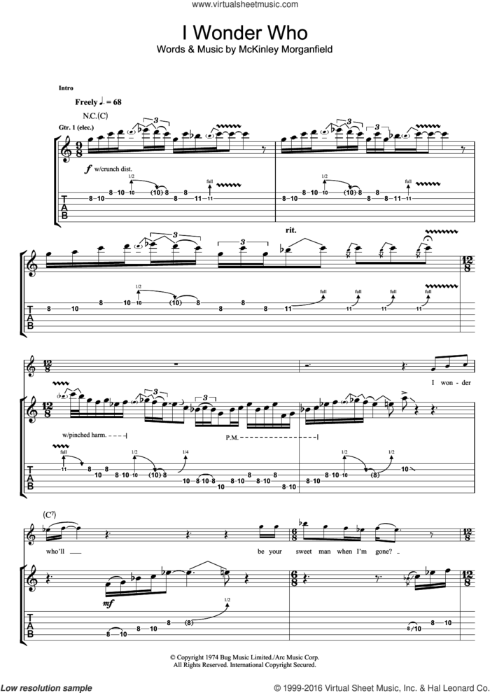 I Wonder Who sheet music for guitar (tablature) by Rory Gallagher and McKinley Morganfield, intermediate skill level