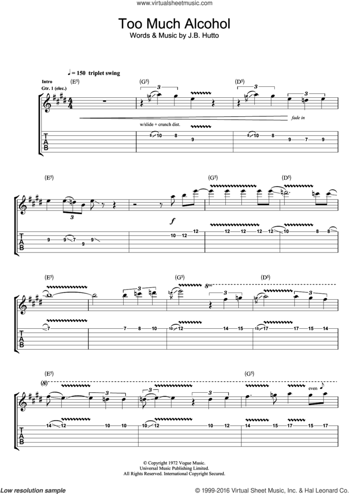 Too Much Alcohol sheet music for guitar (tablature) by Rory Gallagher and J.B. Hutto, intermediate skill level