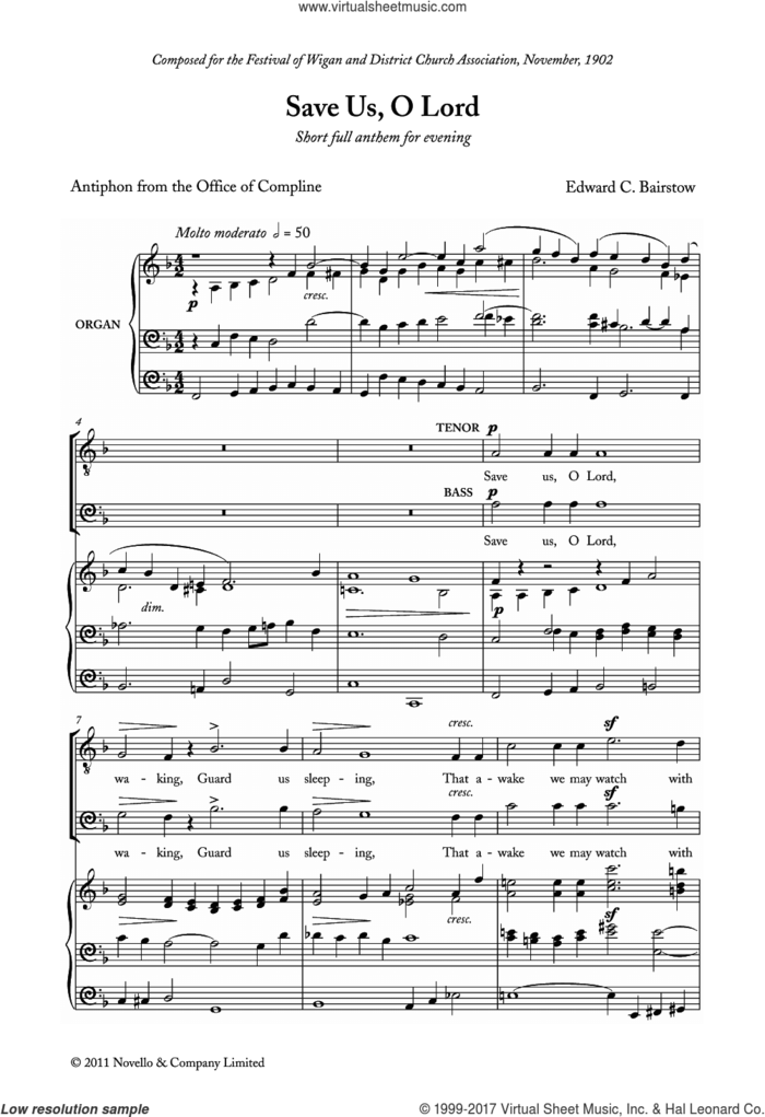Save Us, O Lord sheet music for choir by Edward Bairstow and Antiphon from the Office of Compline, classical score, intermediate skill level