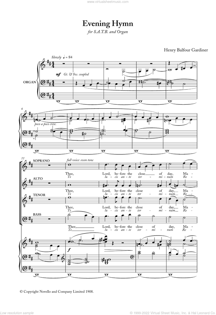 Evening Hymn sheet music for choir (SATB: soprano, alto, tenor, bass) by Henry Balfour Gardiner, H. Balfour Gardiner and Miscellaneous, classical score, intermediate skill level